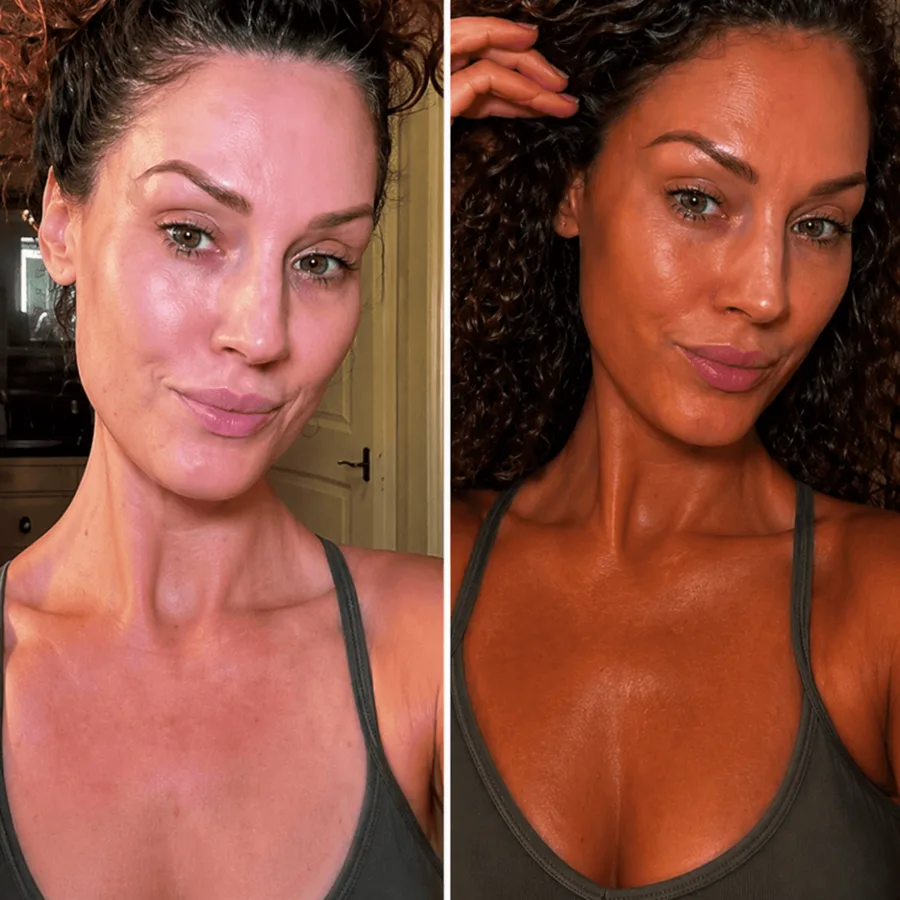 Before and after comparison showing a warmer sunless tanning glow